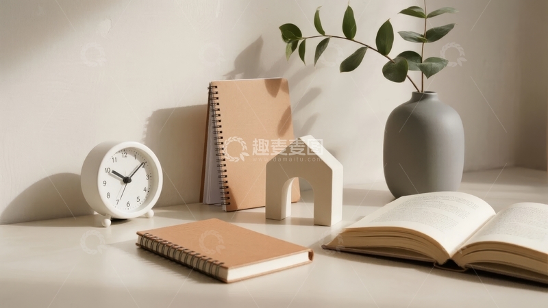 高清大图下载【趣麦麦图】-简约桌面静物摆拍包含闹钟书本与绿植