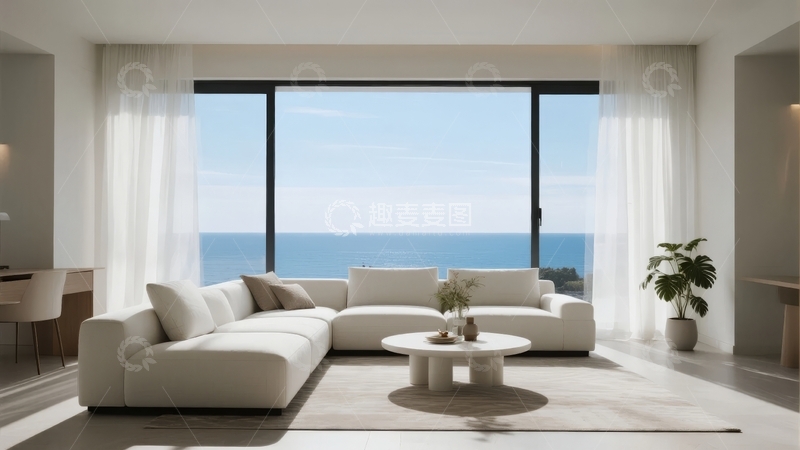 高清大图下载【趣麦麦图】现代简约客厅拥有大面积落地窗可欣赏海景