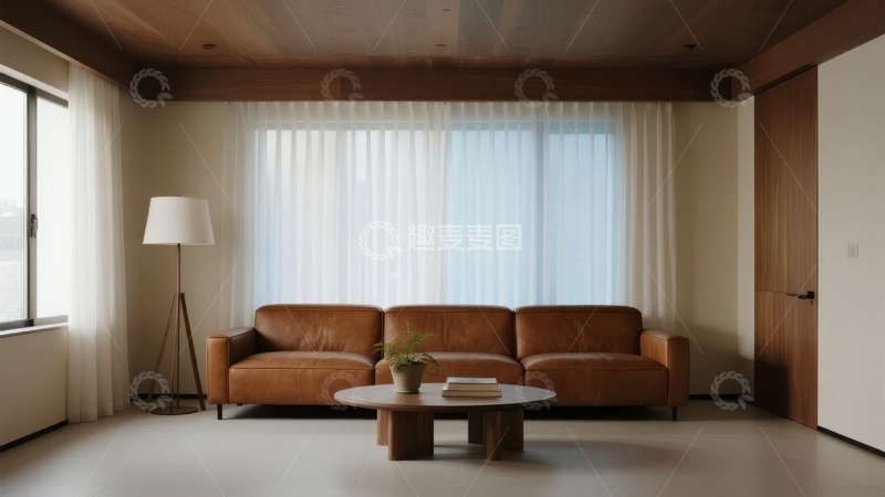 高清大图下载【趣麦麦图】现代简约风格客厅棕色皮质沙发与木质茶几