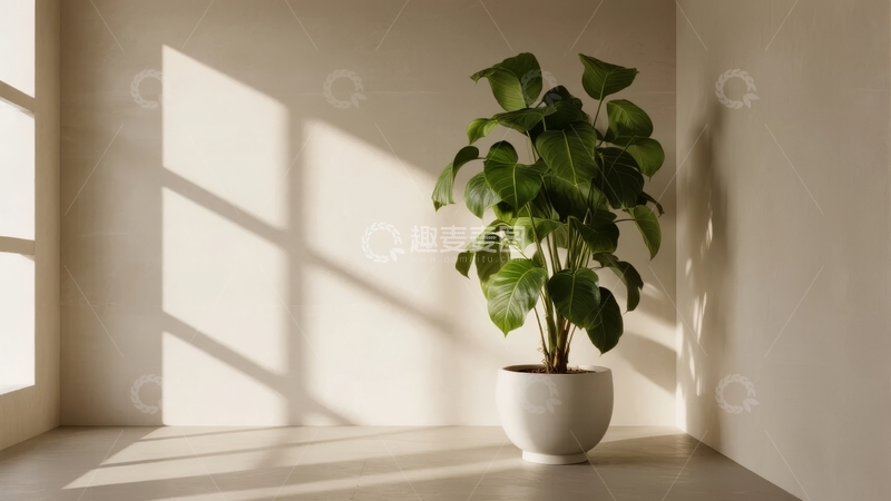 高清大图下载【趣麦麦图】窗边绿植光影交错的宁静角落