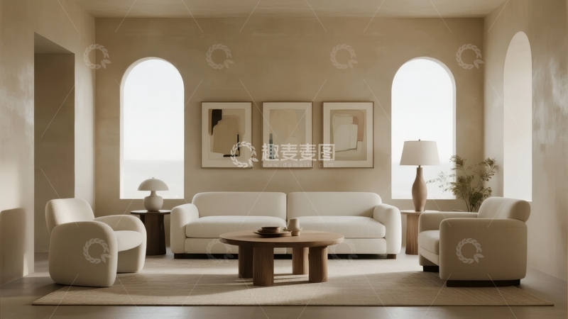 高清大图下载【趣麦麦图】现代简约风格客厅设计白色沙发与木质茶几