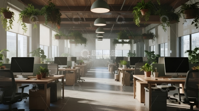 高清大图下载【趣麦麦图】现代开放式办公室内景绿植环绕办公桌整齐排列