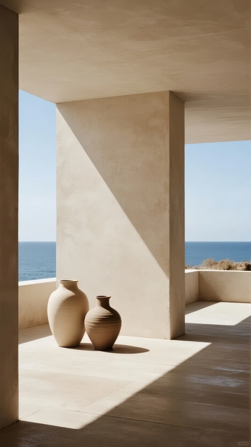 简约建筑露台上的陶罐与海景