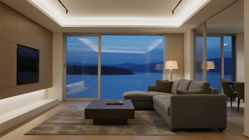 现代客厅夜晚临湖景观室内设计