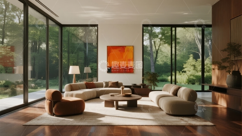 高清大图下载【趣麦麦图】现代客厅设计大面积玻璃窗与抽象画装饰