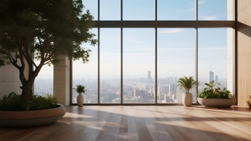 现代室内景观透过落地窗展现城市天际线