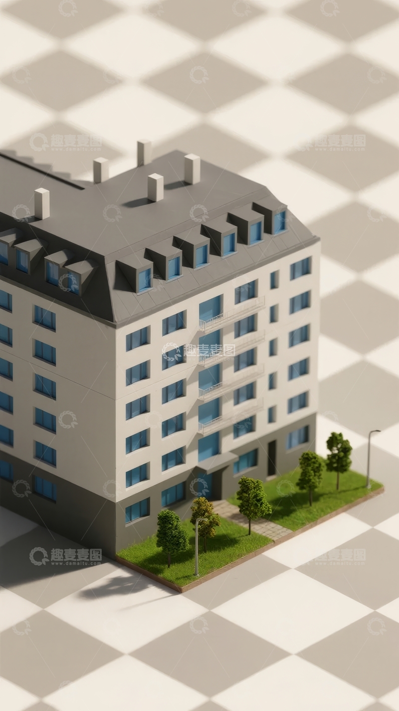 高清大图下载【趣麦麦图】现代建筑模型置于黑白格子背景之上
