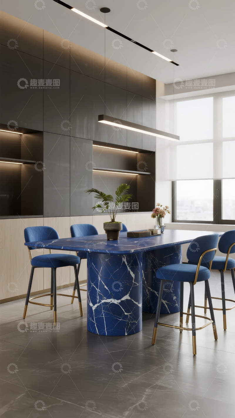 高清大图下载【趣麦麦图】现代简约风格的室内用餐区配有蓝色大理石餐桌和高脚椅