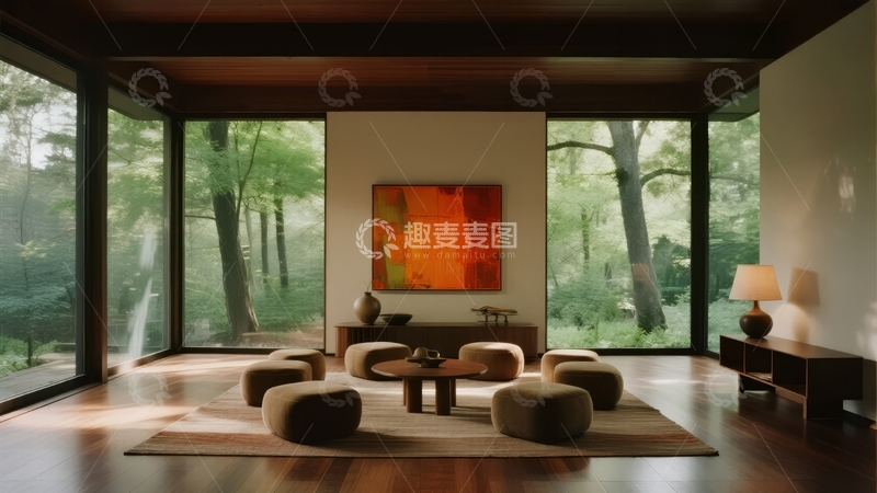 高清大图下载【趣麦麦图】现代客厅与窗外森林景观的和谐融合