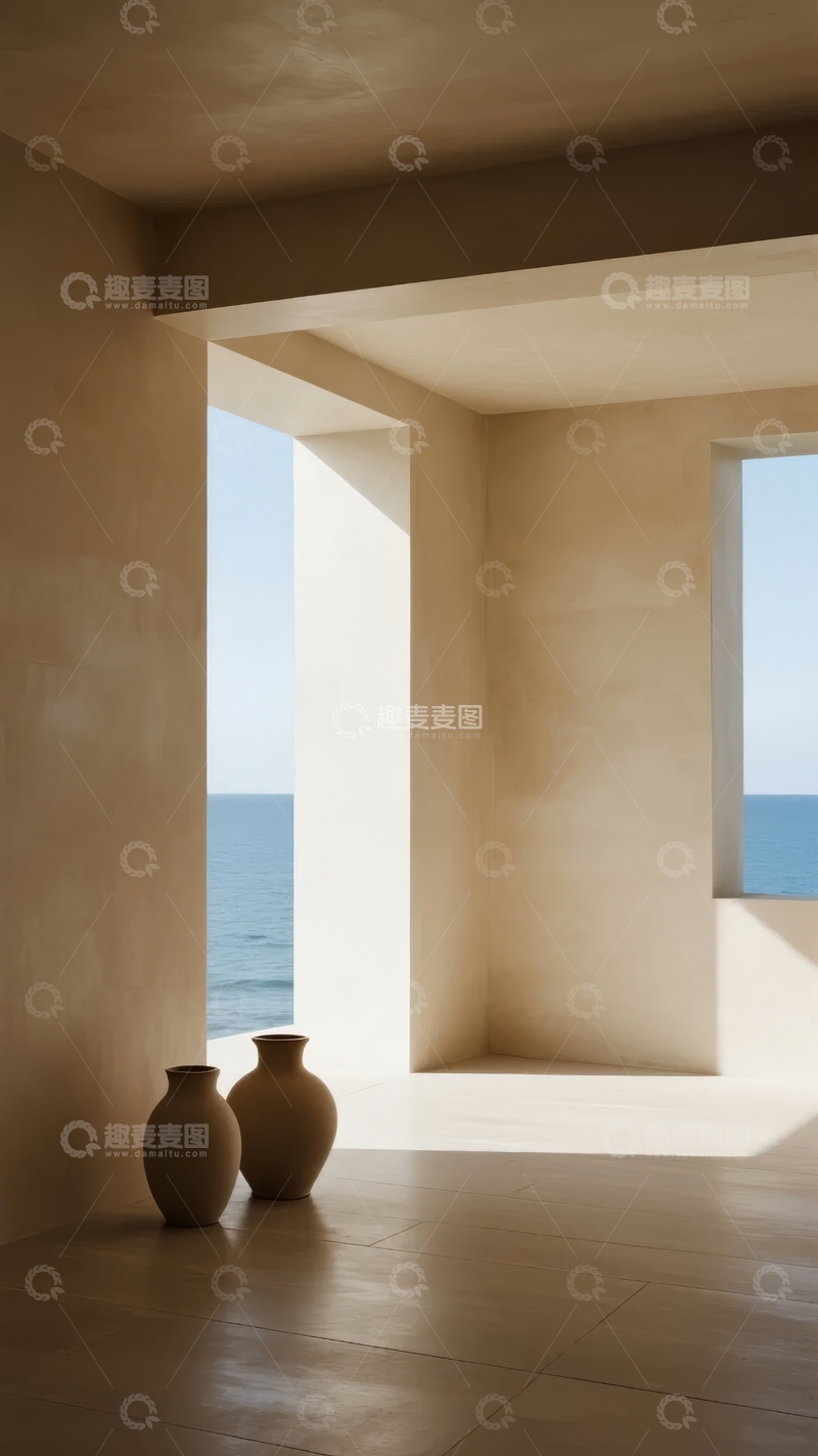 简约室内空间窗外海景与陶罐装饰