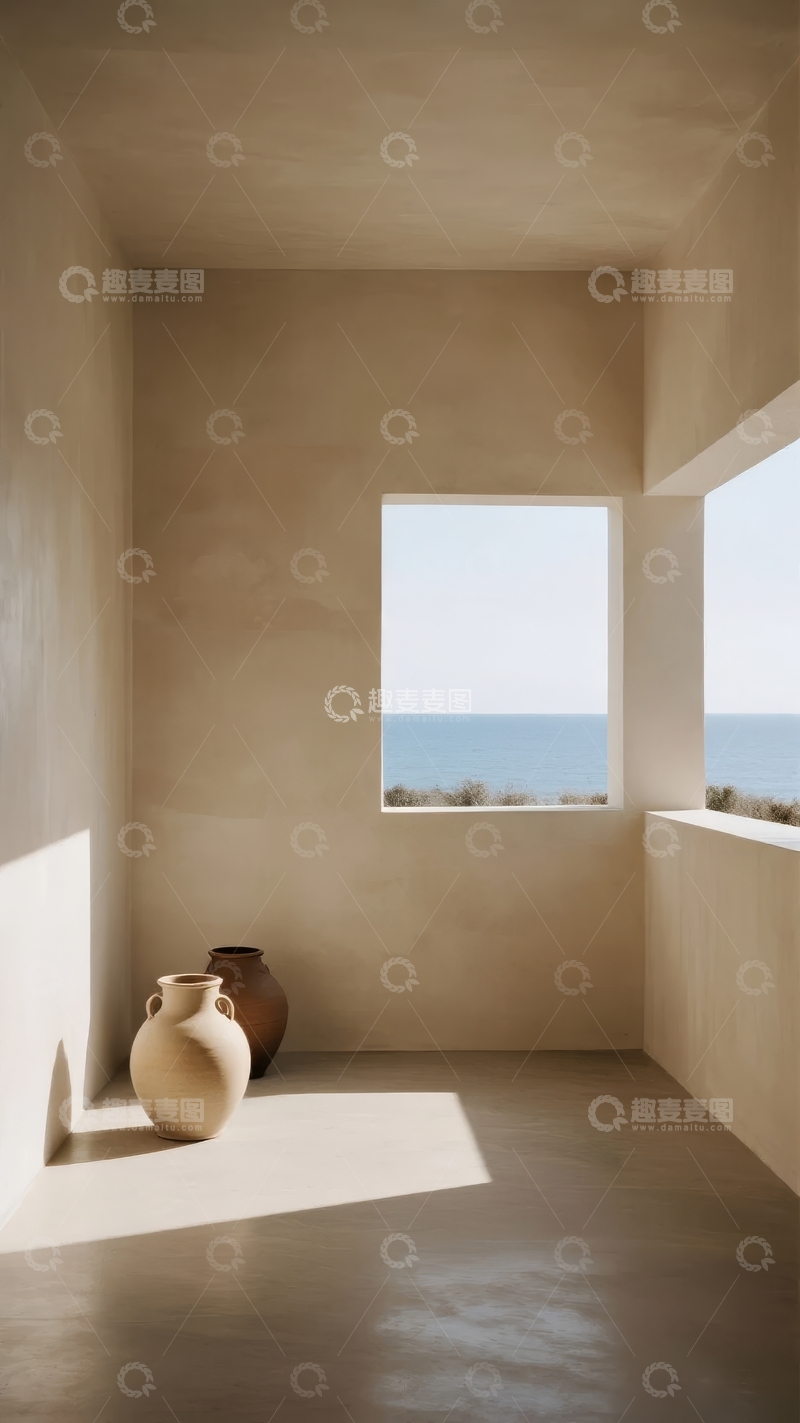 高清大图下载【趣麦麦图】简约室内空间阳光洒落窗边静置陶罐