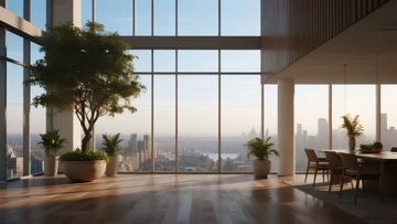 现代室内空间配以城市景观和大型绿植