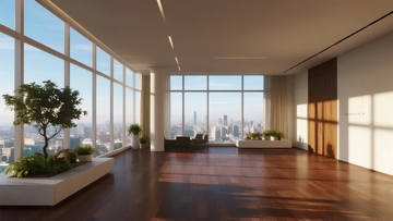 现代豪华室内空间配以城市景观和绿植装饰
