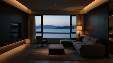 现代客厅夜晚临窗景观