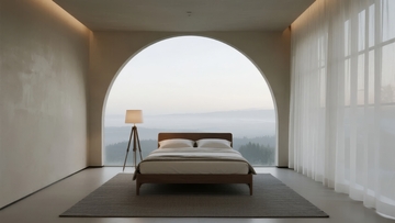 现代简约卧室透过拱形窗户欣赏远处山景