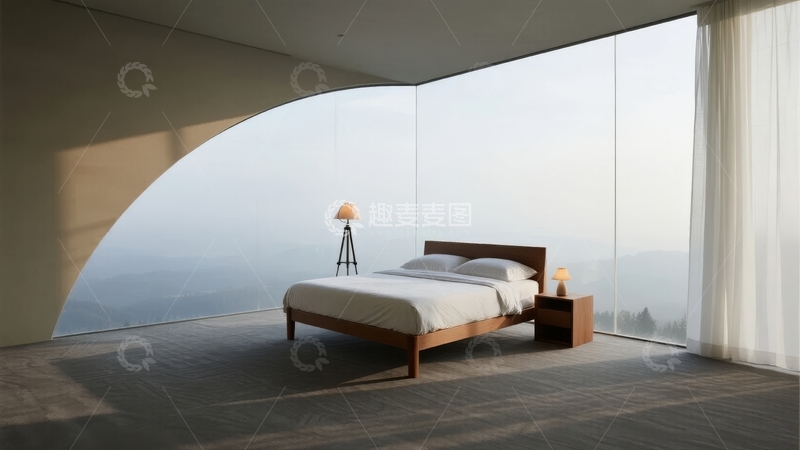 高清大图下载【趣麦麦图】现代卧室全景落地窗设计尽享山景视野