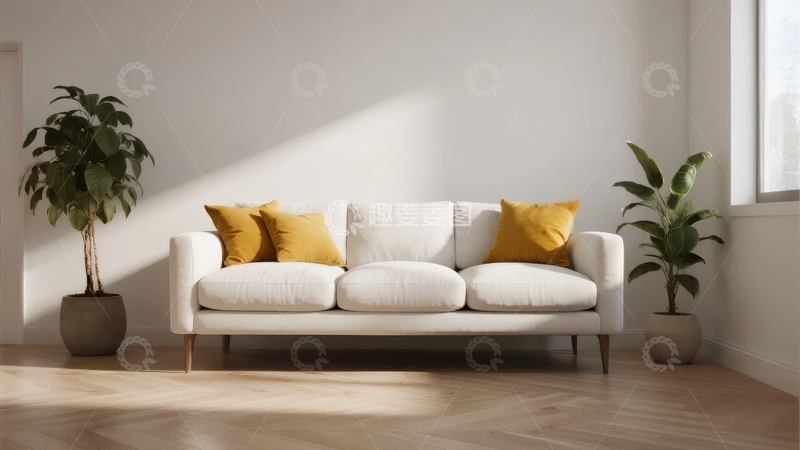高清大图下载【趣麦麦图】现代简约风格客厅摆放白色沙发与绿植