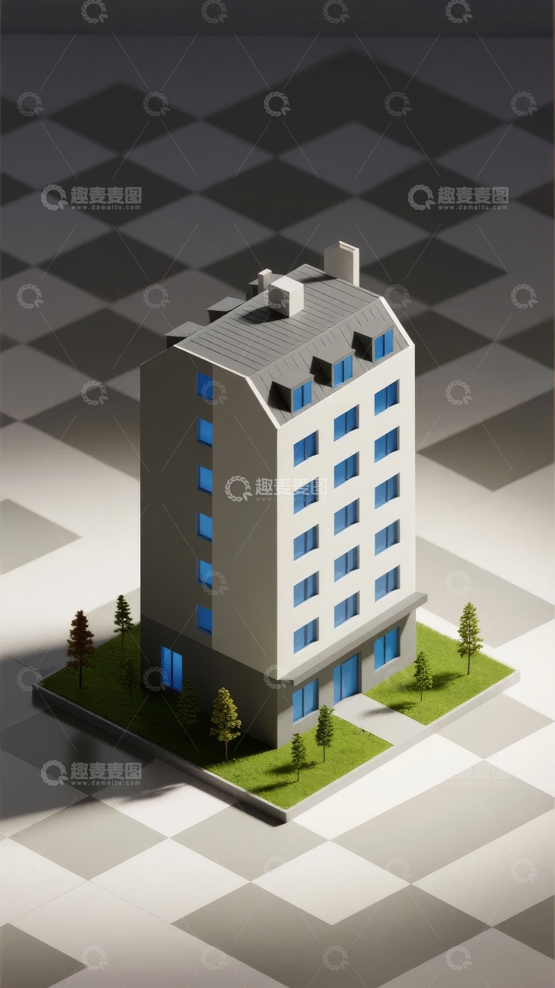 高清大图下载【趣麦麦图】现代建筑模型置于几何图案地面上