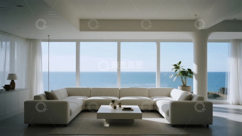 高清大图下载【趣麦麦图】现代客厅拥有大面积落地窗可欣赏海景