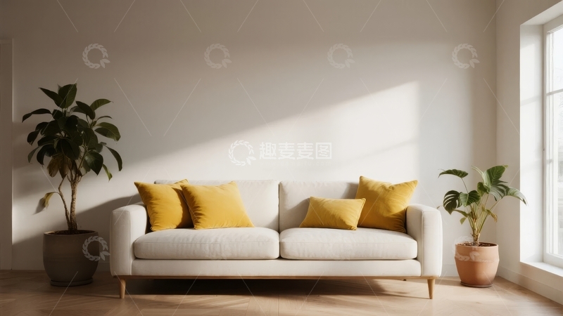高清大图下载【趣麦麦图】简约客厅内白色沙发配黄色靠垫与绿植装饰