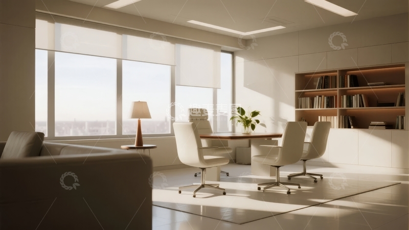 高清大图下载【趣麦麦图】现代简约风格的明亮会议室配有木质书架和舒适座椅