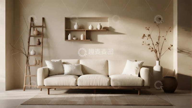 高清大图下载【趣麦麦图】简约风格客厅内摆放着米色沙发和木质置物架
