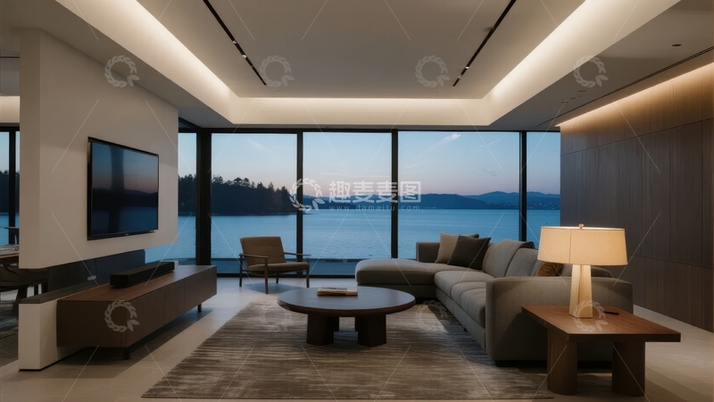 高清大图下载【趣麦麦图】现代客厅拥有大面积落地窗可欣赏湖景