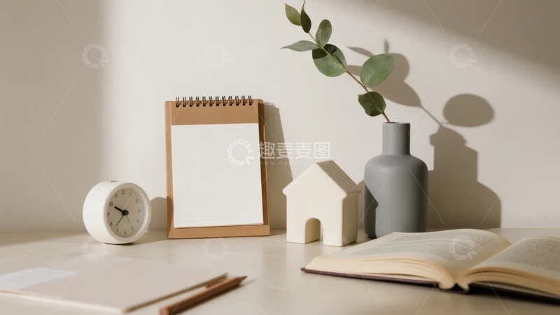 高清大图下载【趣麦麦图】书桌上的静物摆设包括闹钟笔记本和装饰品