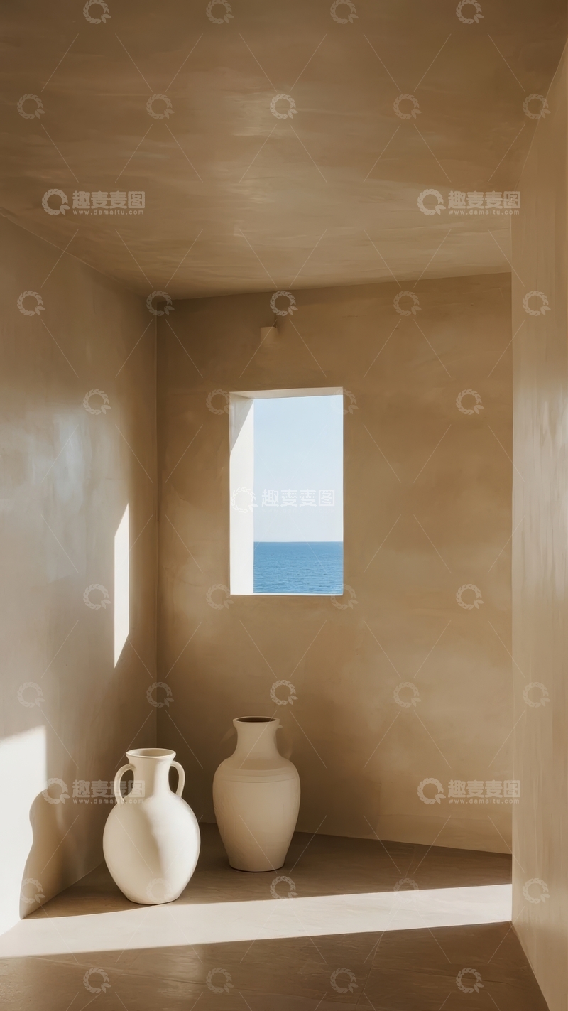 高清大图下载【趣麦麦图】简约室内角落两白色陶罐与窗户光影
