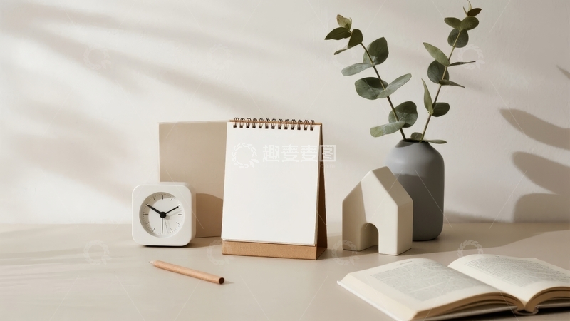 高清大图下载【趣麦麦图】书桌上的简约装饰包括日历、时钟和绿植