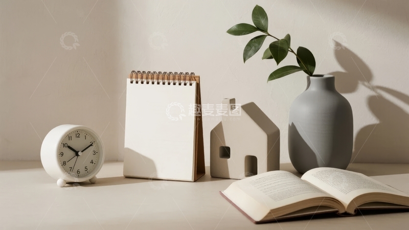 高清大图下载【趣麦麦图】书桌上的闹钟笔记本与装饰品静物摆拍