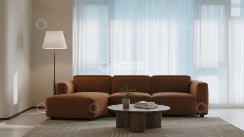 高清大图下载【趣麦麦图】现代简约客厅棕色沙发配圆形茶几