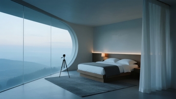 现代卧室全景落地窗景观床铺简约设计