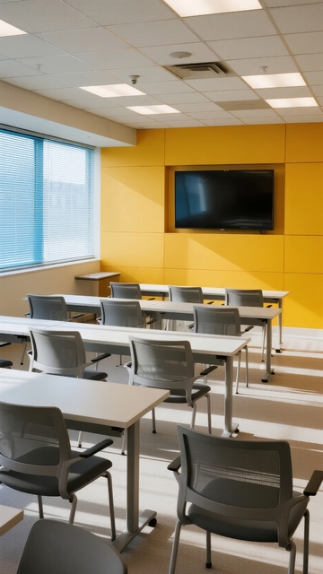 现代教室配备黄色墙壁和排列整齐的桌椅