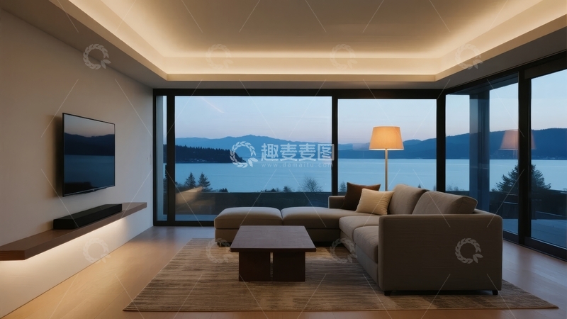 高清大图下载【趣麦麦图】现代客厅拥有大面积落地窗可欣赏湖景和远山