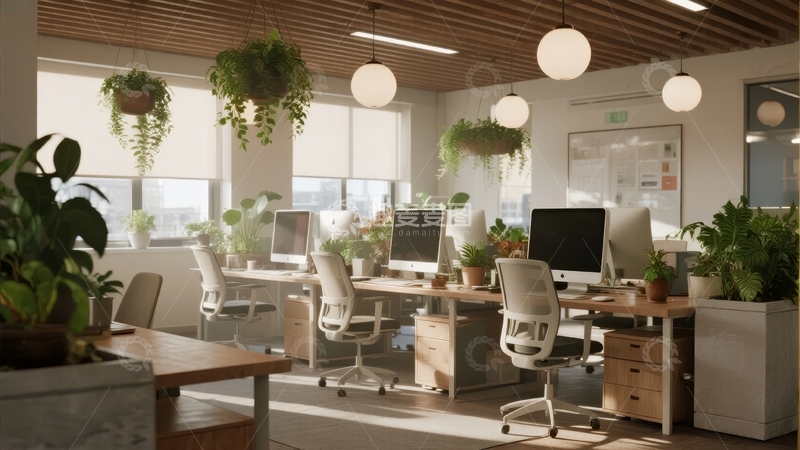 高清大图下载【趣麦麦图】明亮现代办公室内摆放绿植与办公设备