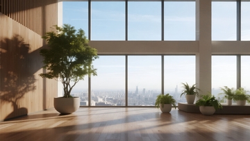 现代室内大面积窗户景观与绿植装饰