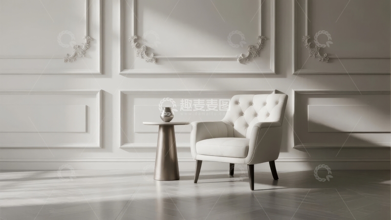 高清大图下载【趣麦麦图】简约白色室内空间摆放着优雅扶手椅和装饰小桌