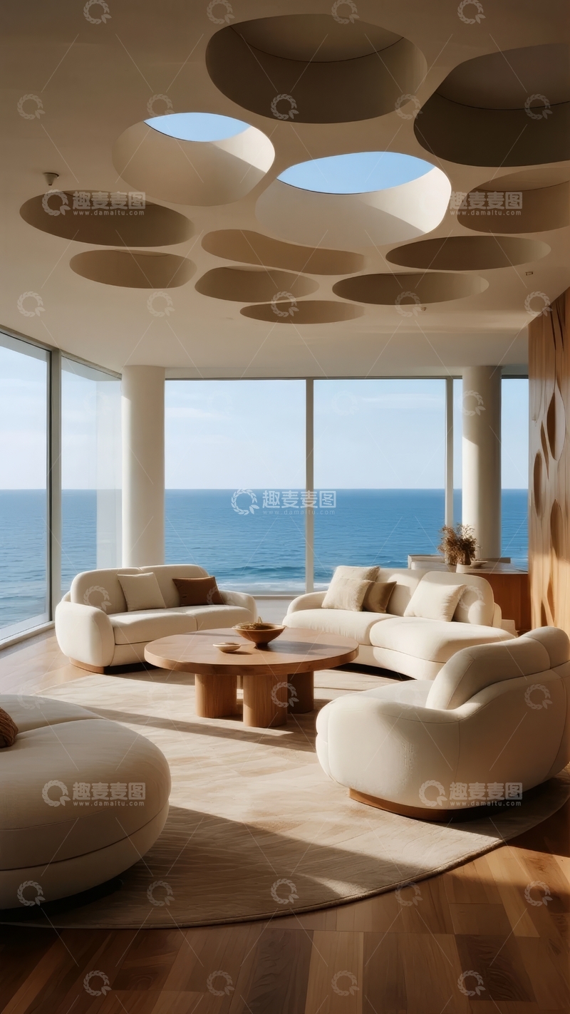 高清大图下载【趣麦麦图】现代客厅设计海景视野天花板独特造型
