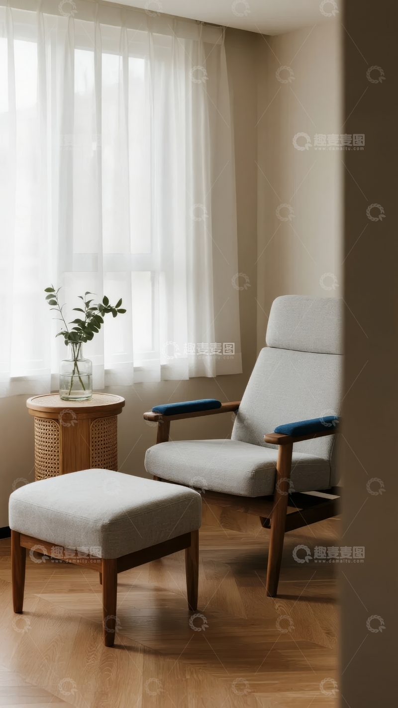 高清大图下载【趣麦麦图】简约风格室内角落摆放着舒适扶手椅和装饰小桌