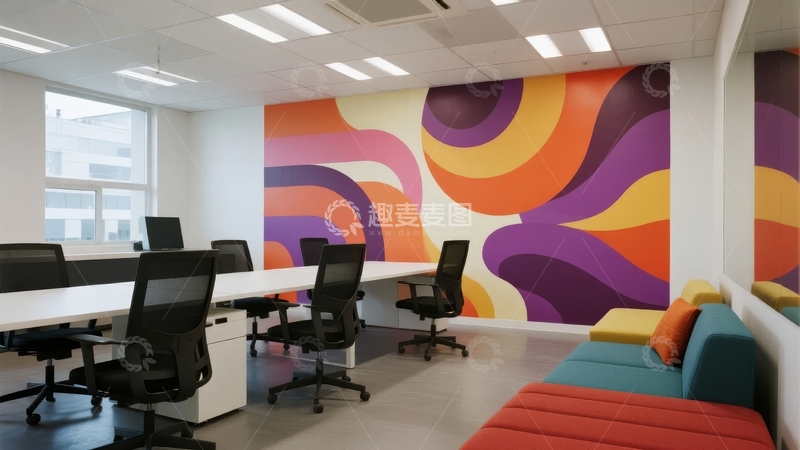 高清大图下载【趣麦麦图】现代办公室内色彩斑斓的抽象壁画与办公家具