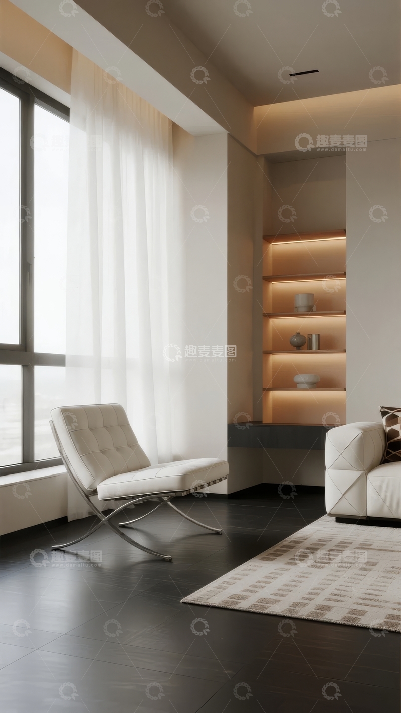 高清大图下载【趣麦麦图】现代简约风格客厅一角配白色窗帘与舒适座椅