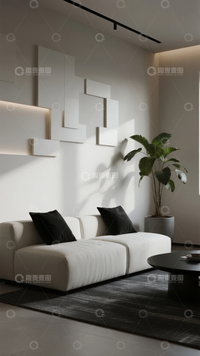 高清大图下载【趣麦麦图】现代简约风格客厅墙面装饰与绿植点缀