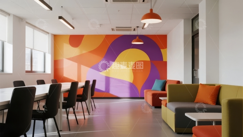 高清大图下载【趣麦麦图】现代办公室休息区墙面艺术装饰与舒适座椅布局