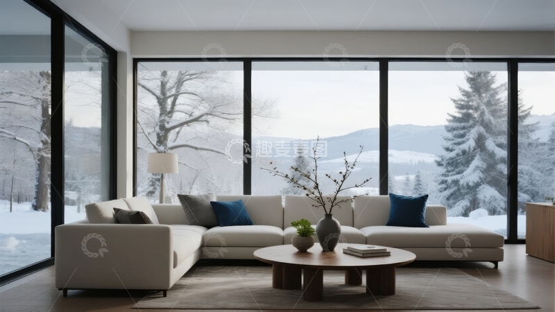 高清大图下载【趣麦麦图】现代客厅室内设计窗外雪景
