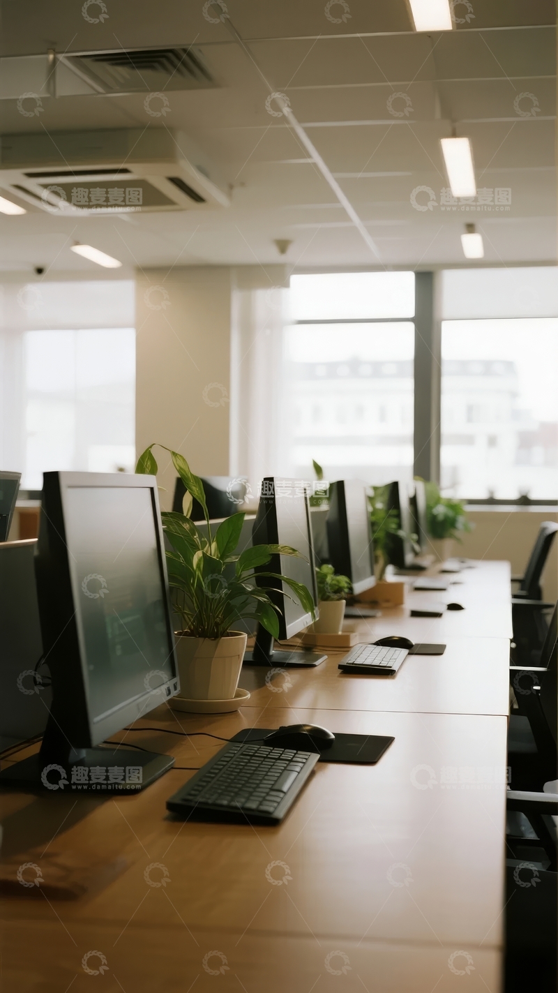 高清大图下载【趣麦麦图】办公室内排列整齐的电脑桌配以绿植点缀