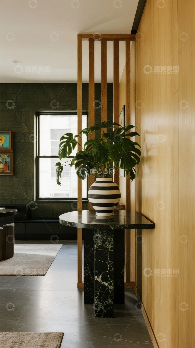 高清大图下载【趣麦麦图】现代室内设计中木质隔断与绿植装饰的和谐空间