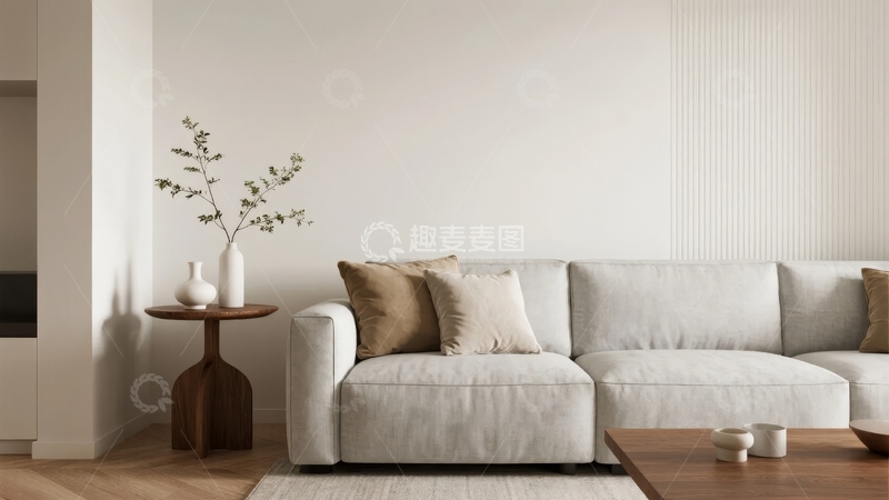 高清大图下载【趣麦麦图】现代简约客厅沙发配木质边桌与绿植装饰