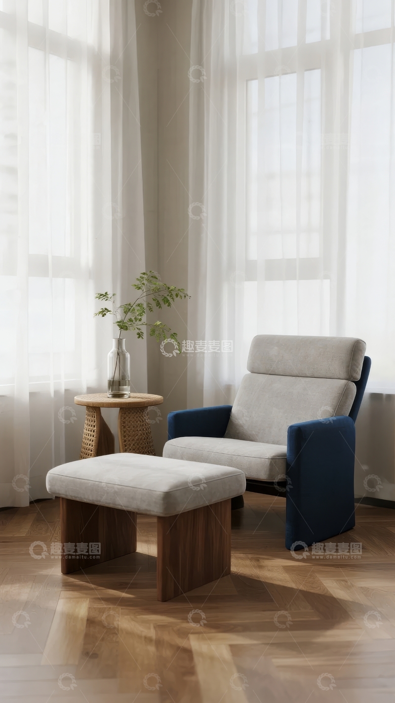高清大图下载【趣麦麦图】现代简约风格客厅角落配以舒适扶手椅和圆形小桌