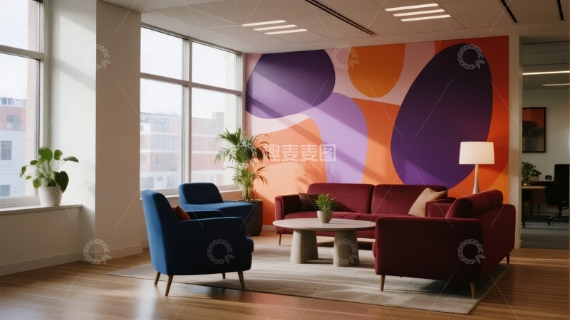 高清大图下载【趣麦麦图】现代办公室休息区配以抽象艺术墙和舒适家具